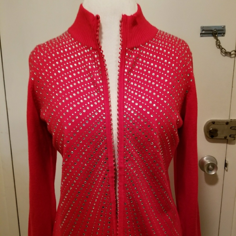 Red rhinestone zip frton sweater, L, NWT